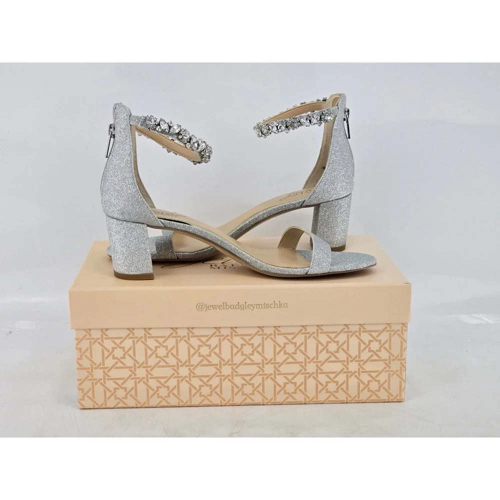 Jewel Badgley Mischka Catalina Heels Womens 8 Silver Glitter Crystal - NEW